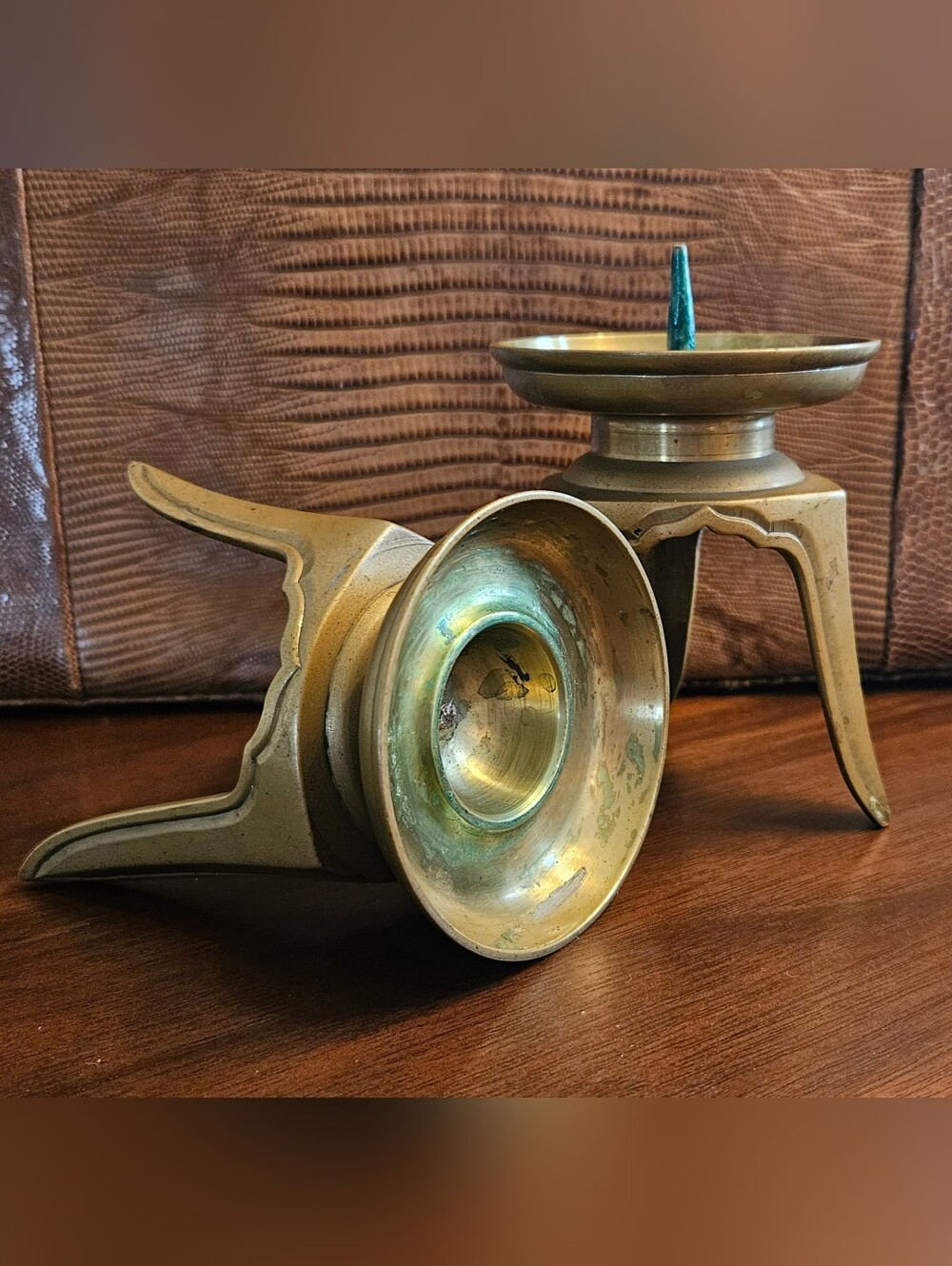 Vintage Brass Tripod Candlestick Holders Pair Mid Century Boho Decor